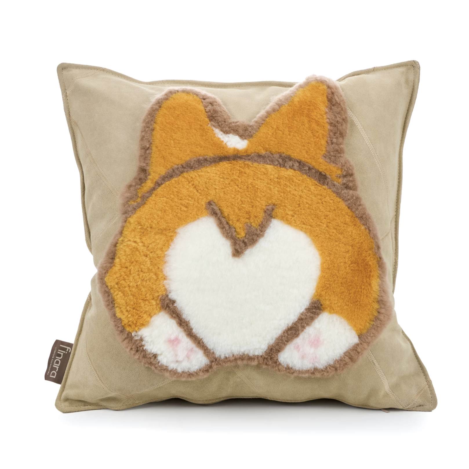 柯基-澳洲美麗諾羊毛純手工牛皮混搭設計抱枕