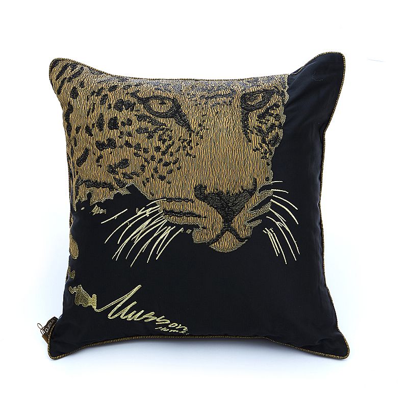 自然奢華風-獵豹刺繡方枕-黑金