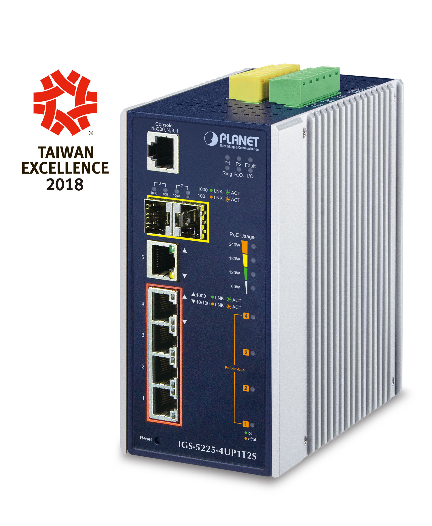 【IGS-5225-4UP1T2S】Industrial L2+ 4-Port 10/100/1000T 802.3bt PoE + 1-Port 10/100/1000T + 2-Port 100/1000X SFP Managed Switch