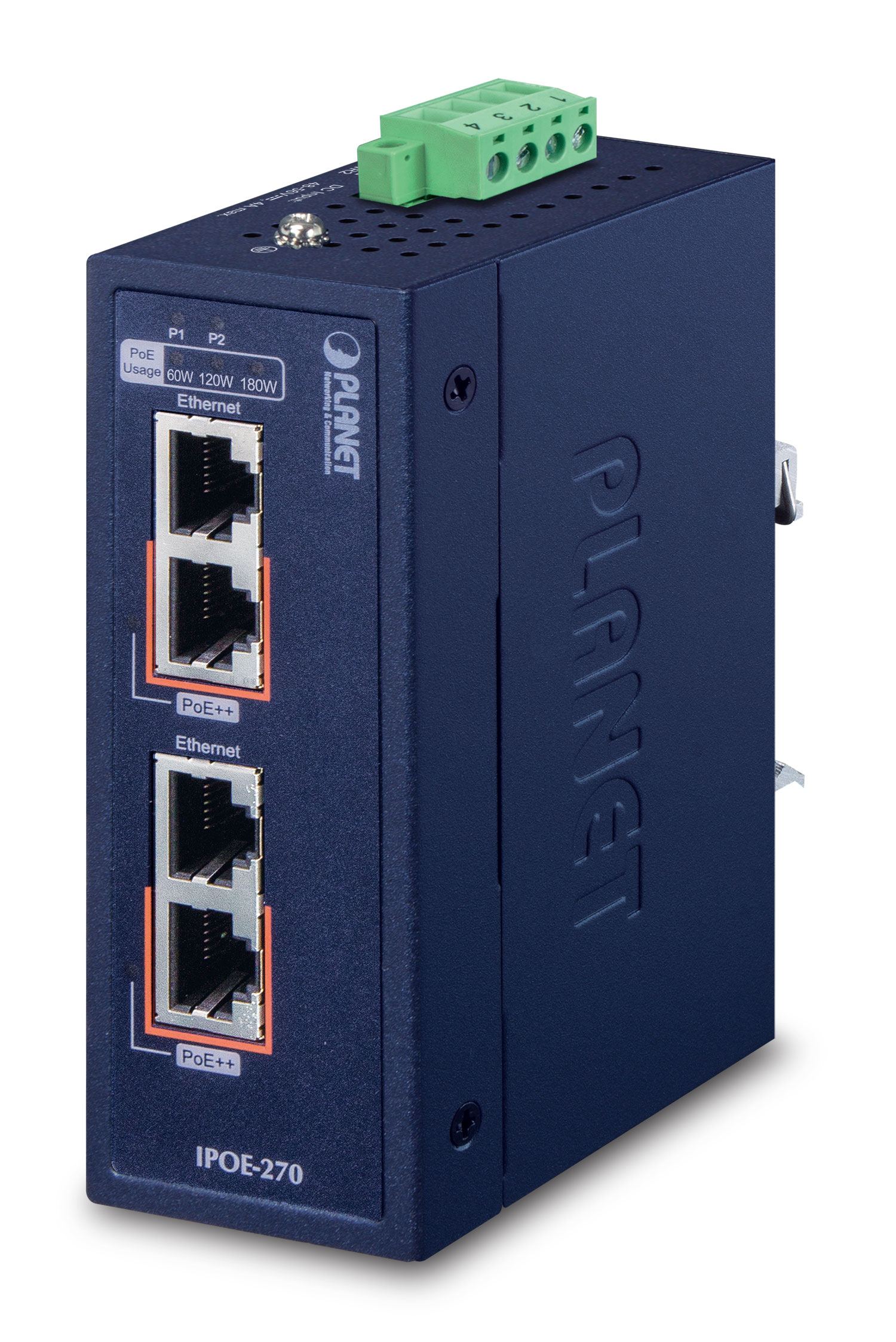 【IPOE-270】Industrial 2-port Multi-Gigabit 802.3bt PoE++ Injector Hub