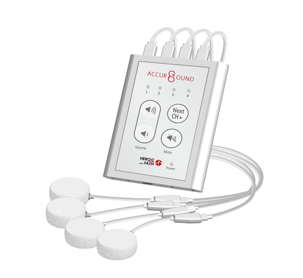 AccurSound (AS-101): Electronic stethoscope sensor with adventitious sounds detection using AI, supports continuous single channel and multi-channel respiratory monitoring.